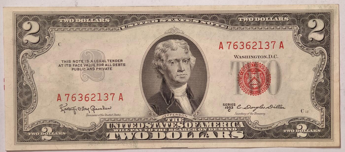 紫瑗钱币——第359期拍卖——纸币场 美国 1953年 C序列 托马斯·杰斐逊 2美元 红印 政府券 AU