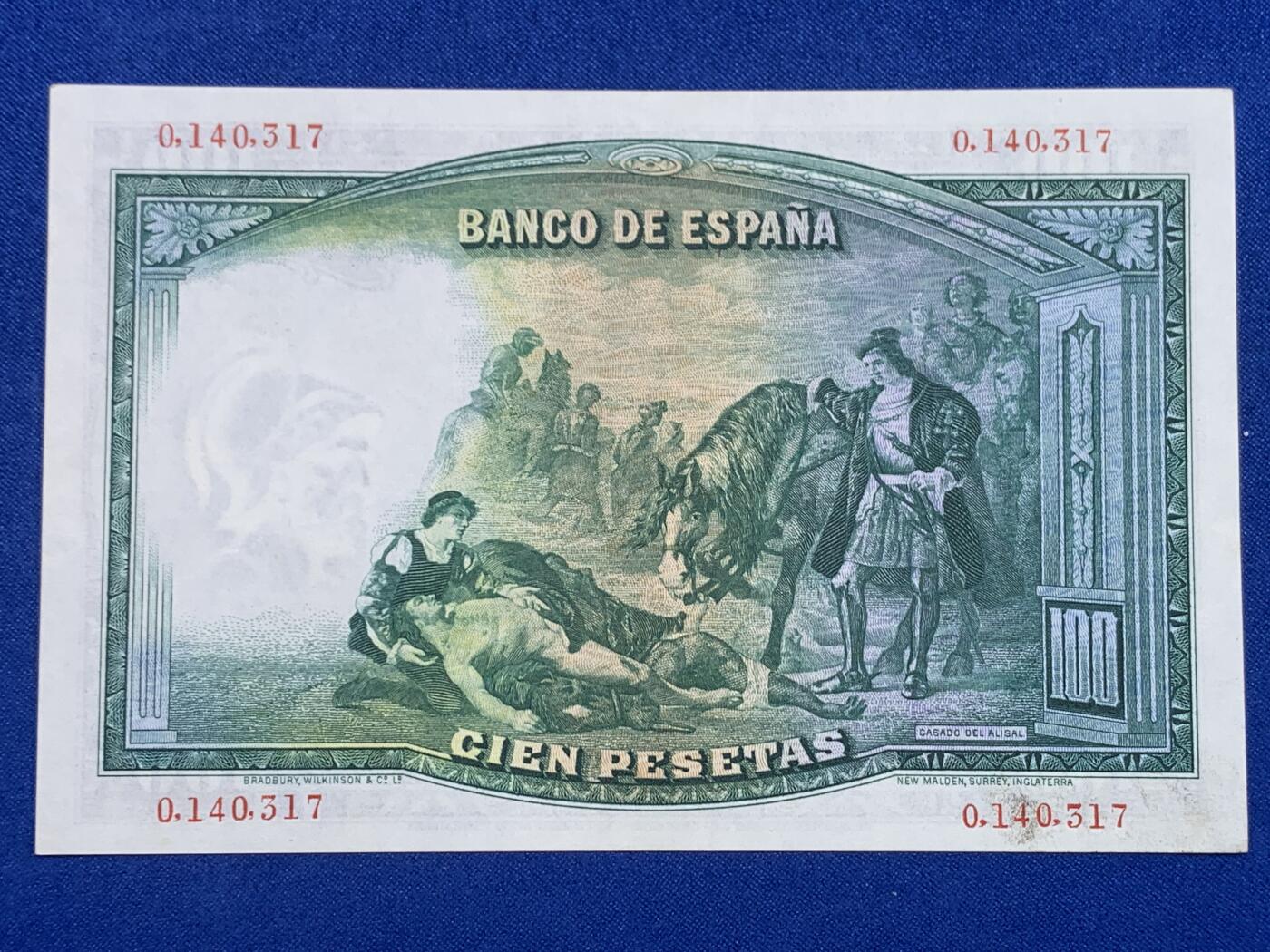 《竞宝斋》第274场- 周日，周一，周二  3场连拍 （全场包邮） 西班牙 1931 100比塞塔纸币 细节见图