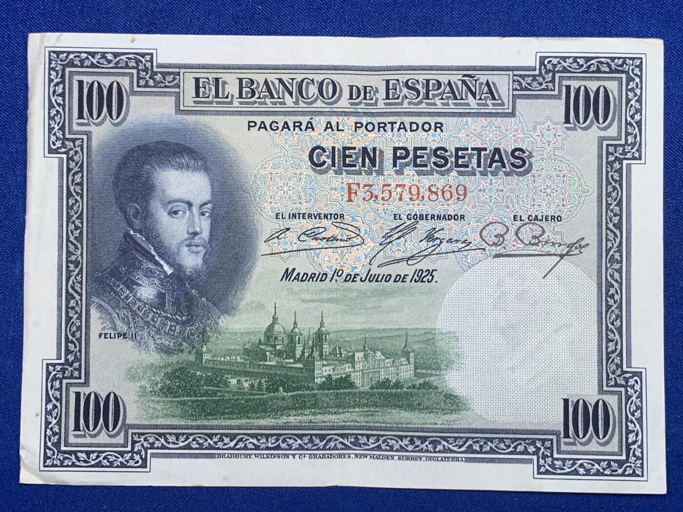 《竞宝斋》第274场- 周日，周一，周二  3场连拍 （全场包邮） 西班牙 1925 100比塞塔 纸币 细节见图