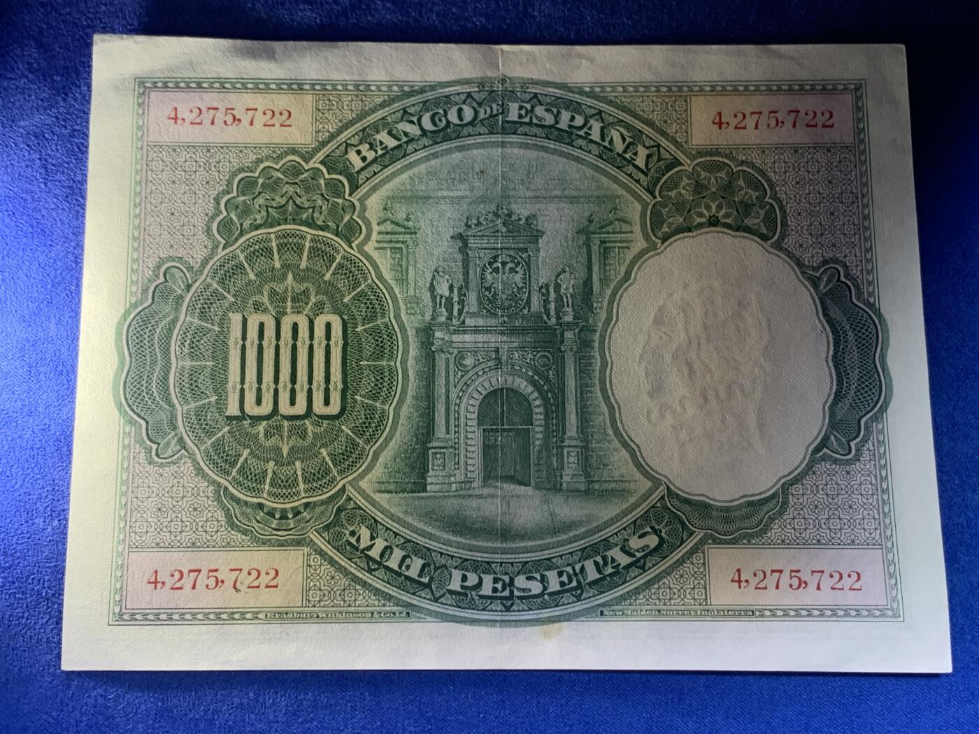 《竞宝斋》第274场- 周日，周一，周二  3场连拍 （全场包邮） 西班牙 1925 1000比塞塔 纸币 巨大规格 细节见图