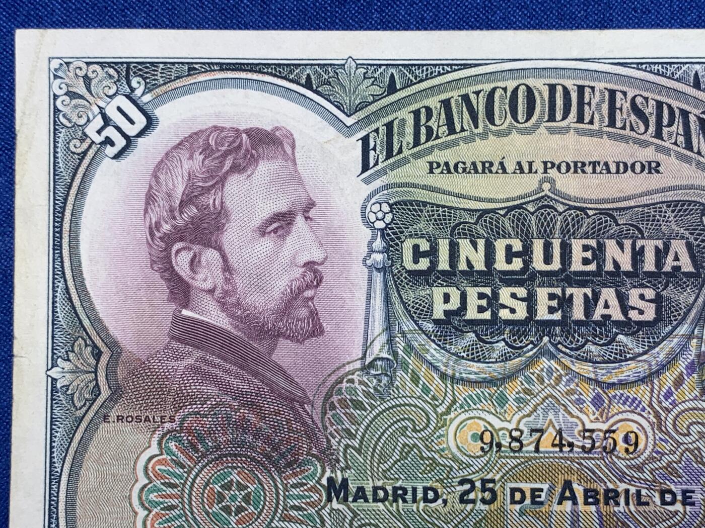 《竞宝斋》第274场- 周日，周一，周二  3场连拍 （全场包邮） 西班牙 1931 50比塞塔 纸币 细节见图