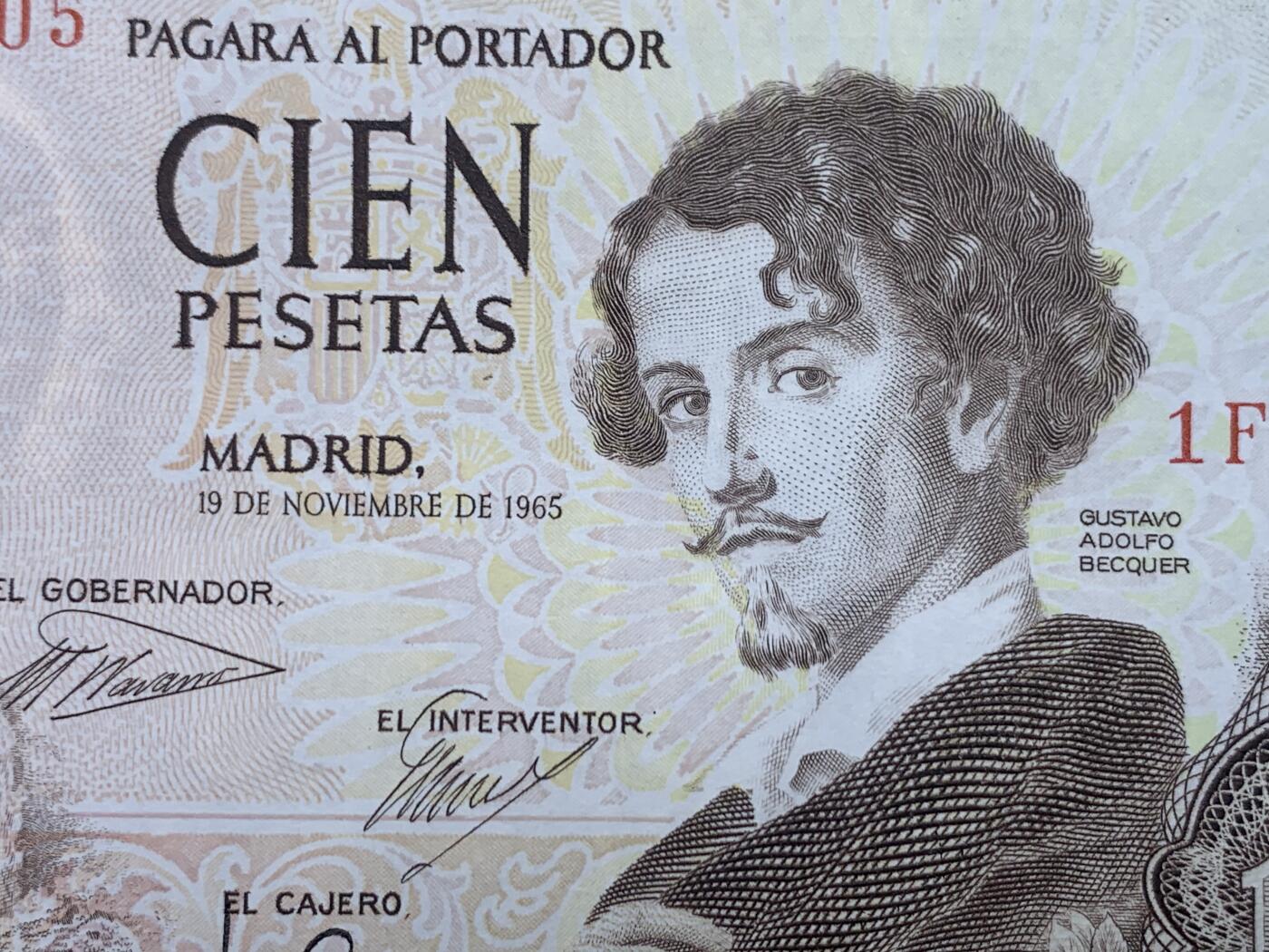 《竞宝斋》第274场- 周日，周一，周二  3场连拍 （全场包邮） 西班牙 1965年 古斯塔沃·阿道夫·贝克凯尔 100比塞塔 纸币