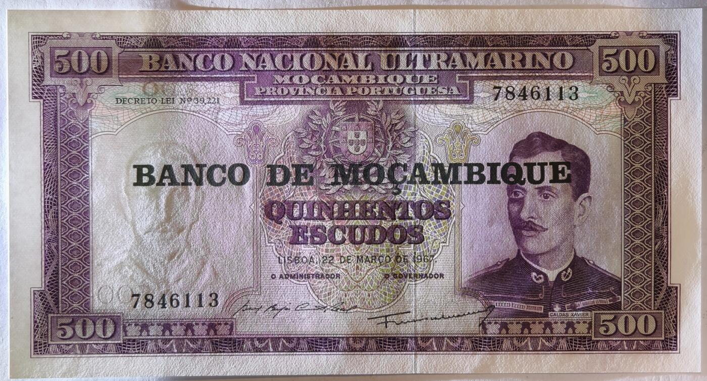 紫瑗钱币——第401期——纸币场 葡属莫桑比克 1967年 500埃斯库多 加盖 UNC