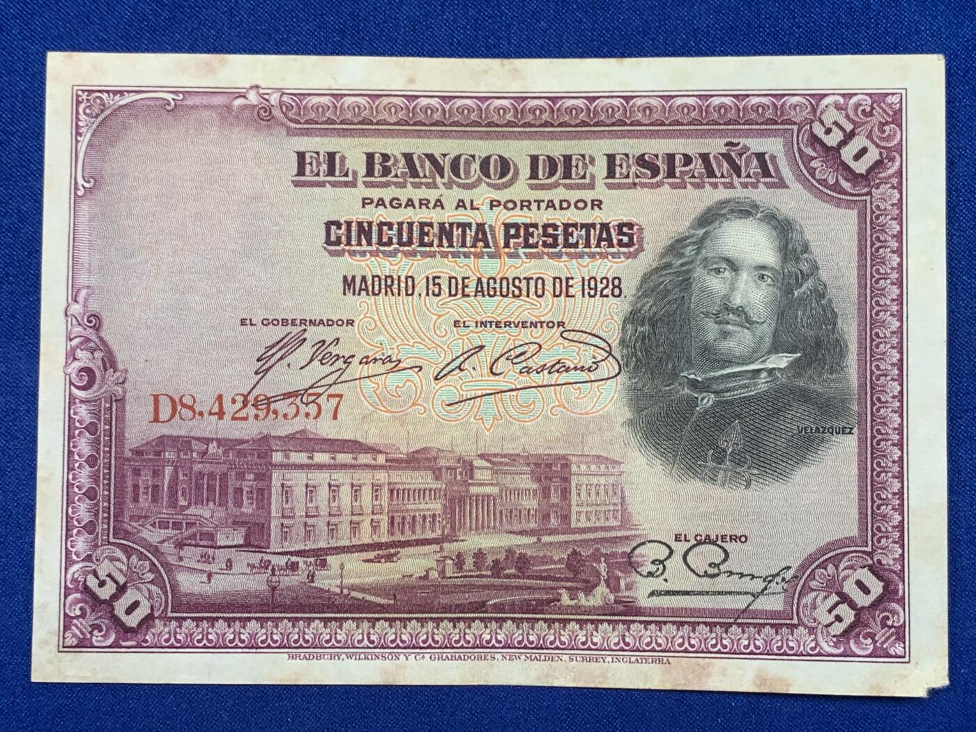 《竞宝斋》第274场- 周日，周一，周二  3场连拍 （全场包邮） 西班牙 1928年 50比塞塔 纸币 细节见图