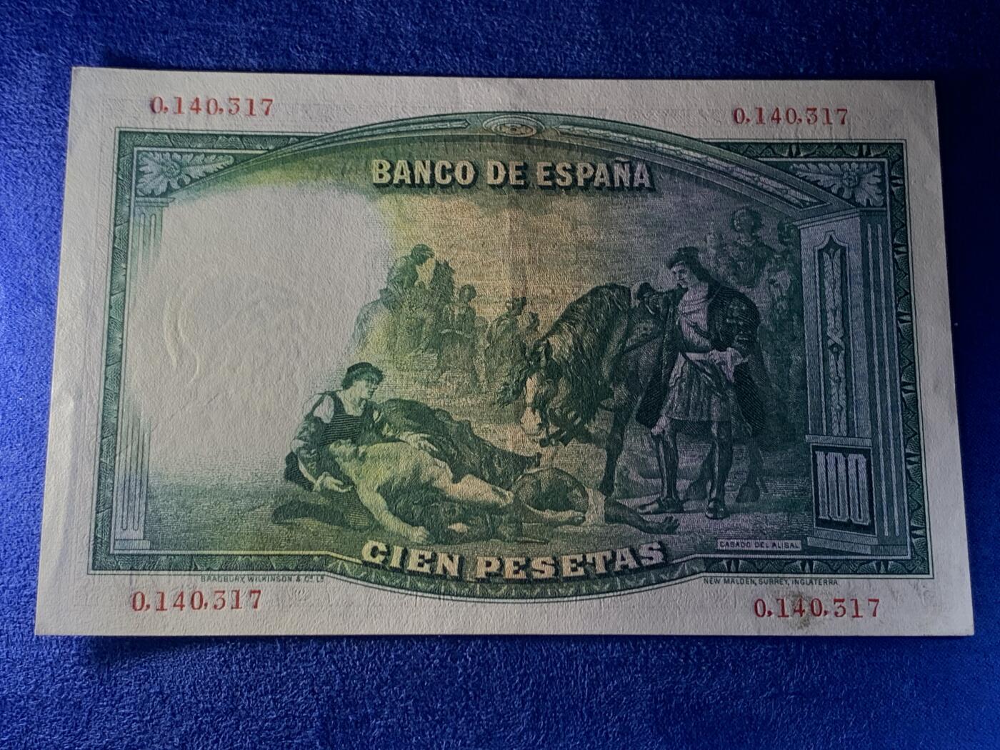 《竞宝斋》第274场- 周日，周一，周二  3场连拍 （全场包邮） 西班牙 1931 100比塞塔纸币 细节见图