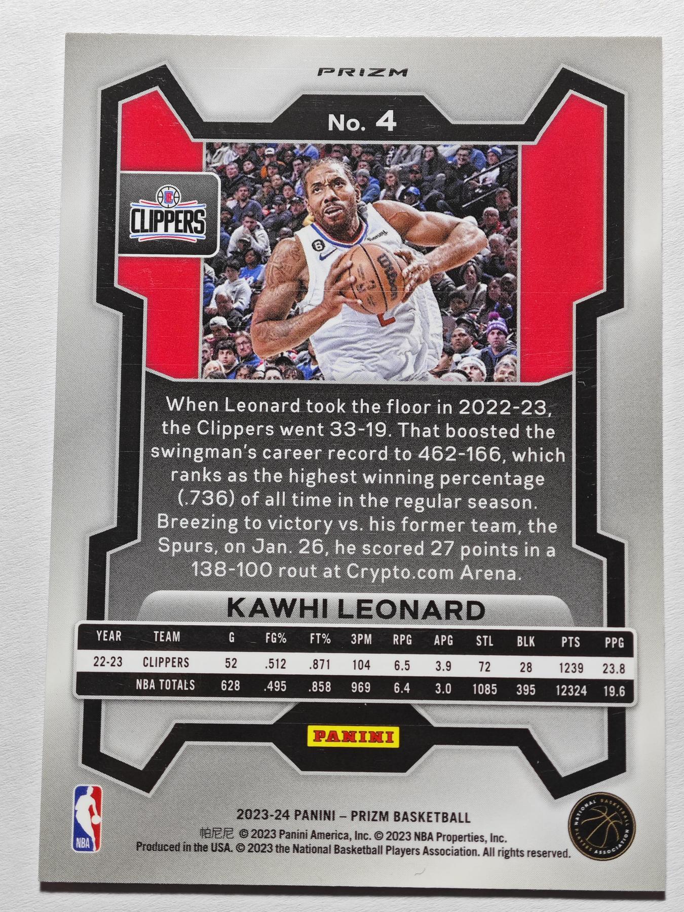 【德藏】 卡牌拍卖第13期【无每件最低收费❗️】 NBA 2023-24 PANINI PRIZM 快船 科怀·伦纳德 粉碎冰折 (本卡包装为全新：卡膜、卡夹、卡夹膜)