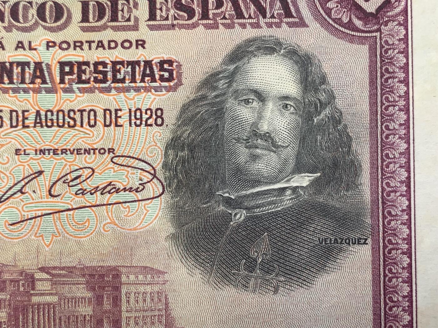 《竞宝斋》第274场- 周日，周一，周二  3场连拍 （全场包邮） 西班牙 1928年 50比塞塔 纸币 细节见图