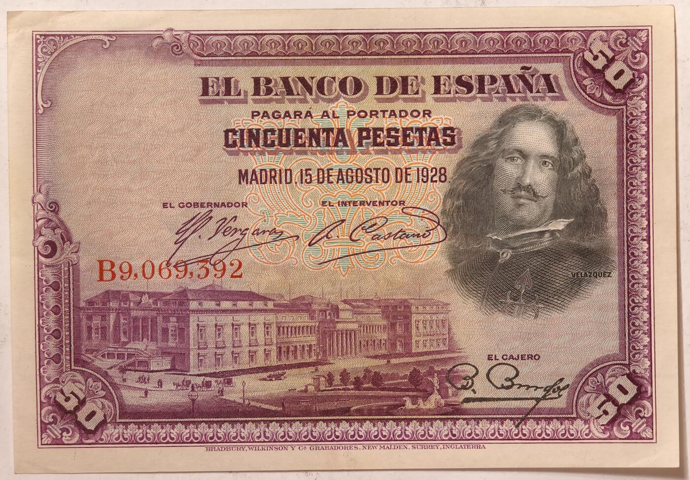 紫瑗钱币——第387期拍卖——纸币场 西班牙 1928年 油画《布雷达的献城》50比塞塔 UNC- 有折  (P-75b)
