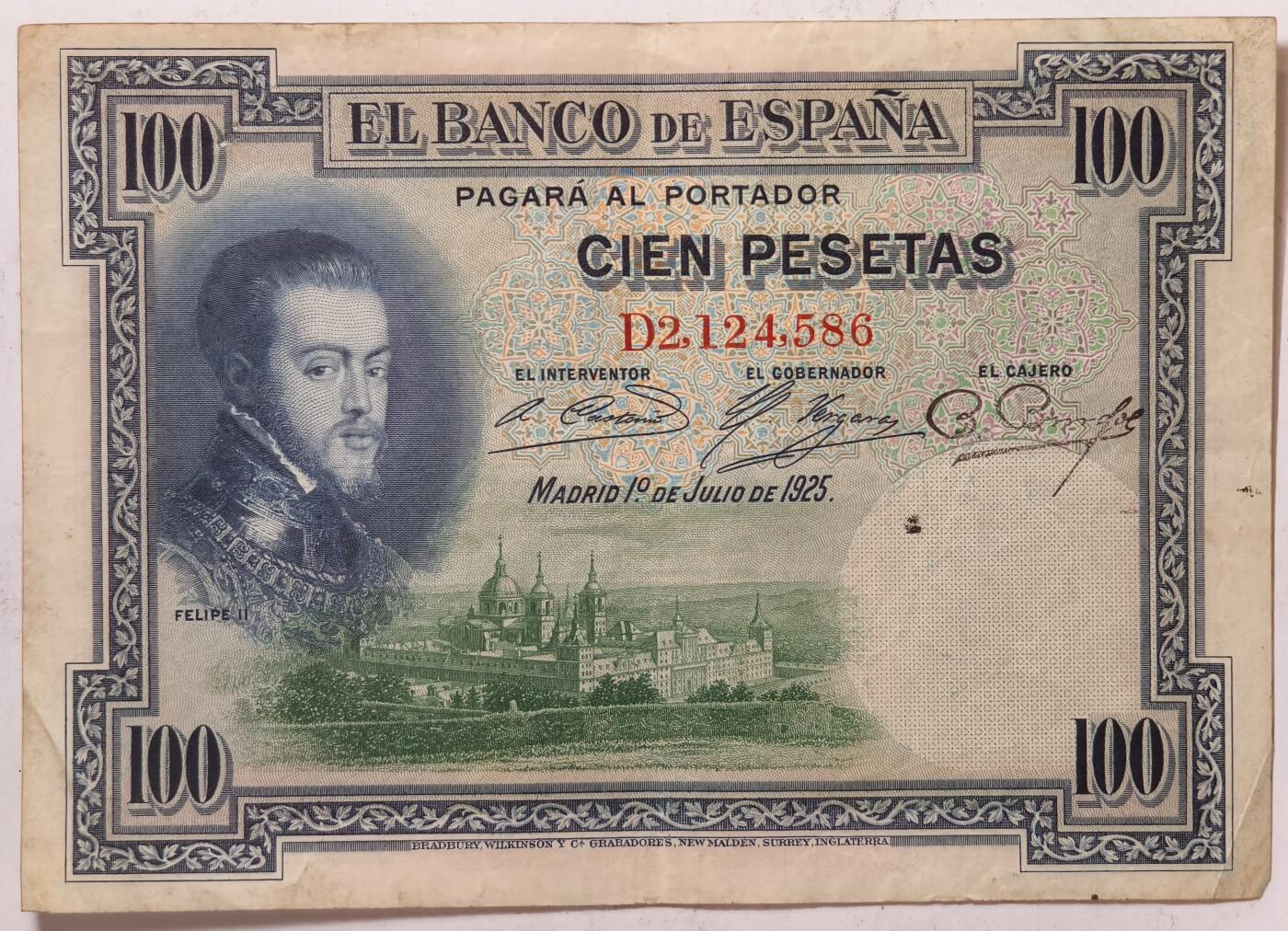 紫瑗钱币——第387期拍卖——纸币场 西班牙 1925年 油画《腓力二世的座椅》 100比塞塔 AU  (P-69c)