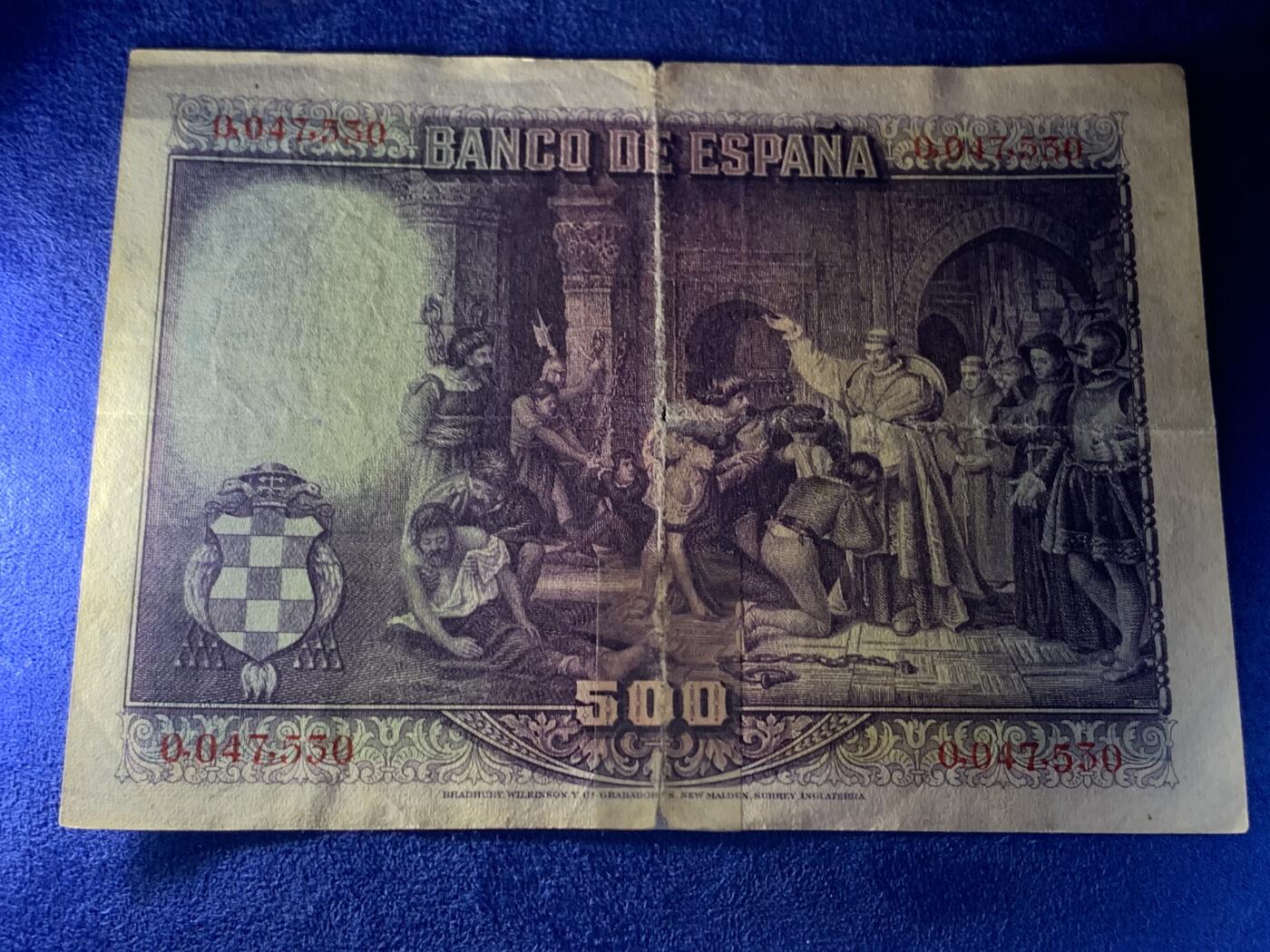 《竞宝斋》第274场- 周日，周一，周二  3场连拍 （全场包邮） 西班牙1928 500比塞塔 纸币细节见图