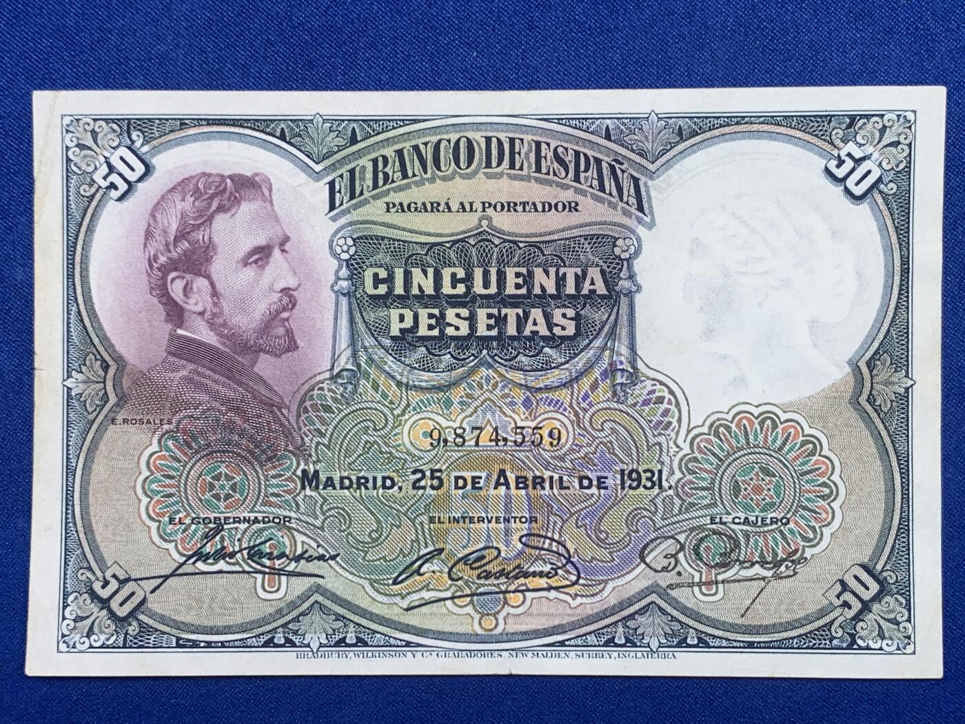 《竞宝斋》第274场- 周日，周一，周二  3场连拍 （全场包邮） 西班牙 1931 50比塞塔 纸币 细节见图