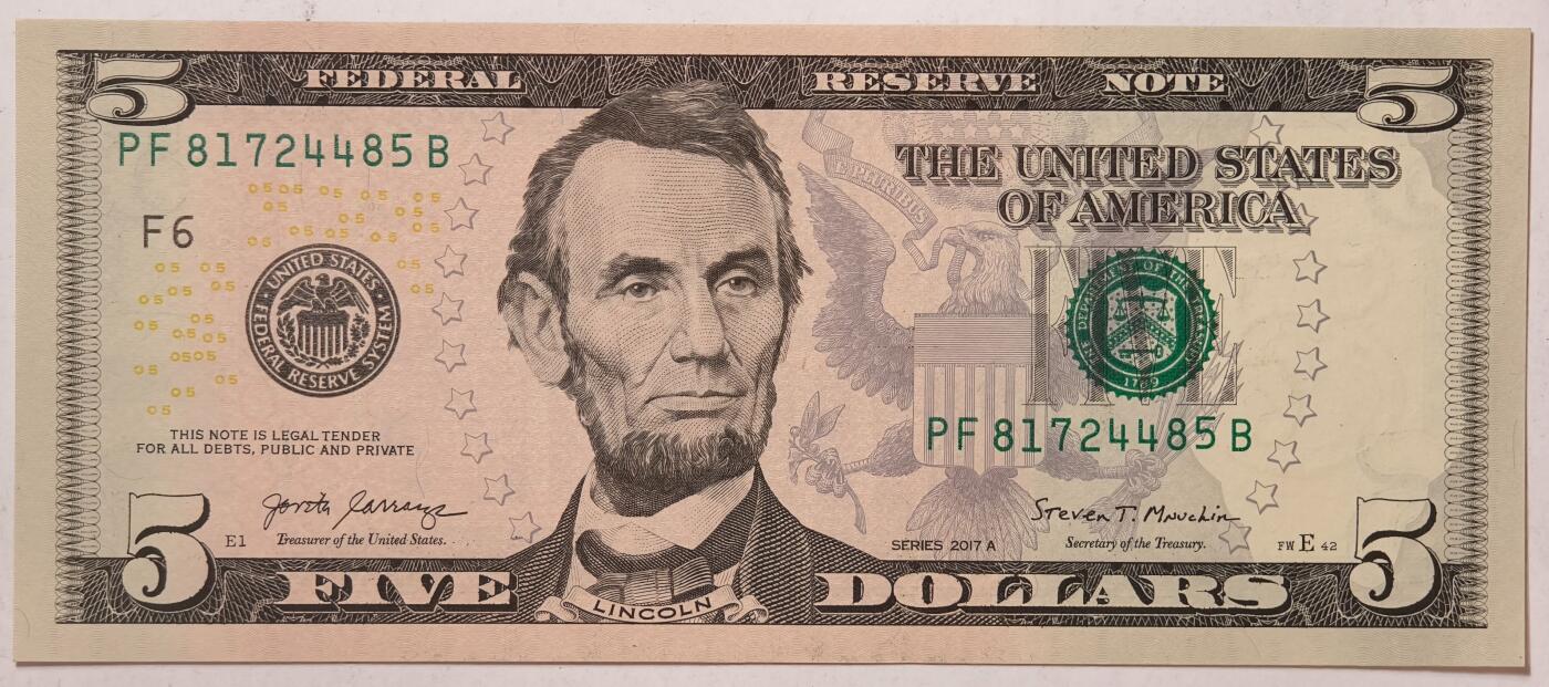 紫瑗钱币——第359期拍卖——纸币场 美国 2017年 F版 A序列 亚伯拉罕·林肯 5美元 彩色版 UNC