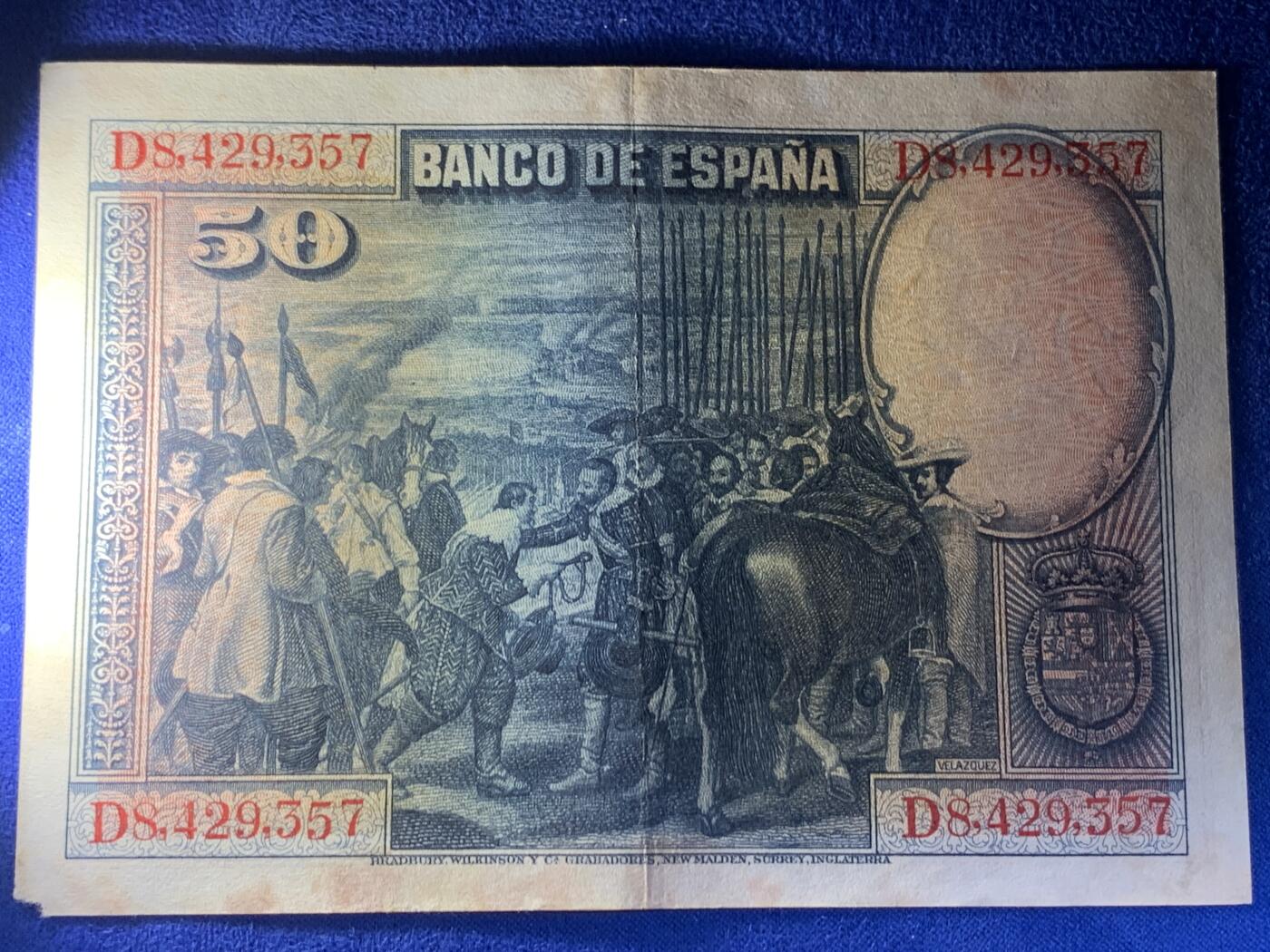 《竞宝斋》第274场- 周日，周一，周二  3场连拍 （全场包邮） 西班牙 1928年 50比塞塔 纸币 细节见图