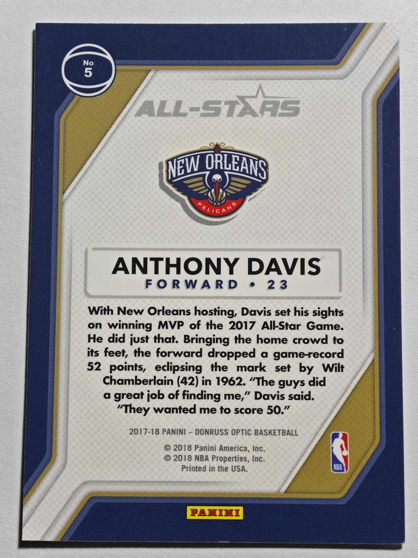 【德藏】 卡牌拍卖第13期【无每件最低收费❗️】 NBA 2017-18 PANINI DONRUSS OPTIC 鹈鹕 安东尼·戴维斯 特卡 (本卡包装为全新：卡膜、卡夹、卡夹膜)