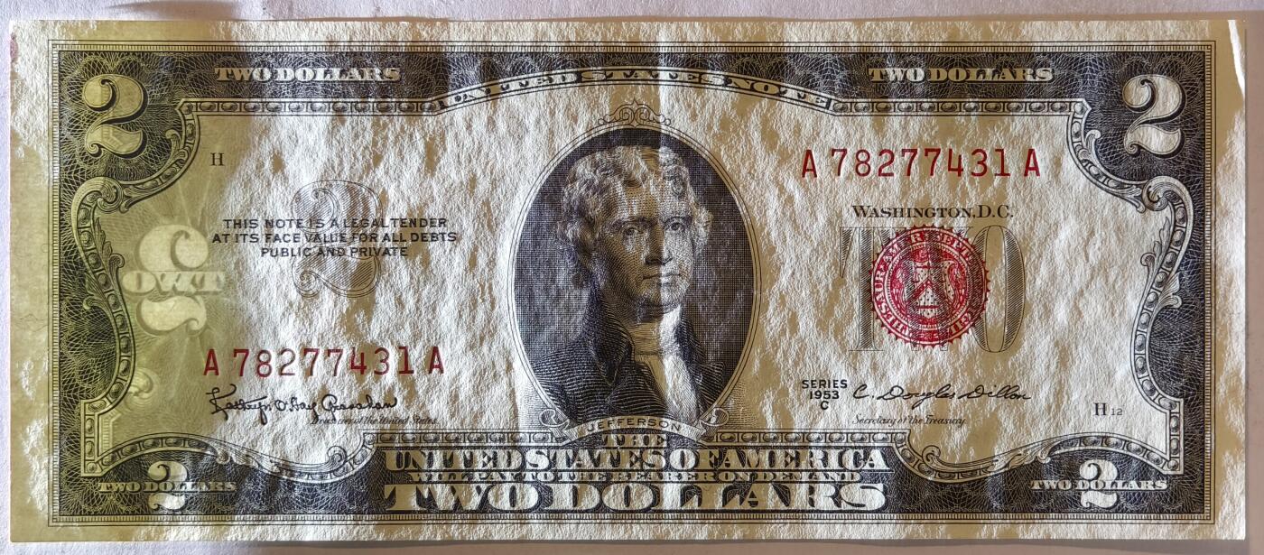 紫瑗钱币——第359期拍卖——纸币场  美国 1953年 C序列 托马斯·杰斐逊 2美元 红印 政府券 AU