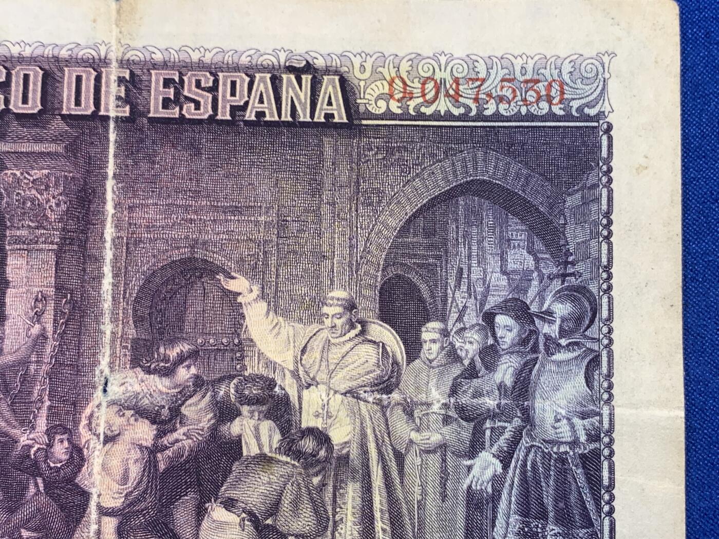 《竞宝斋》第274场- 周日，周一，周二  3场连拍 （全场包邮） 西班牙1928 500比塞塔 纸币细节见图