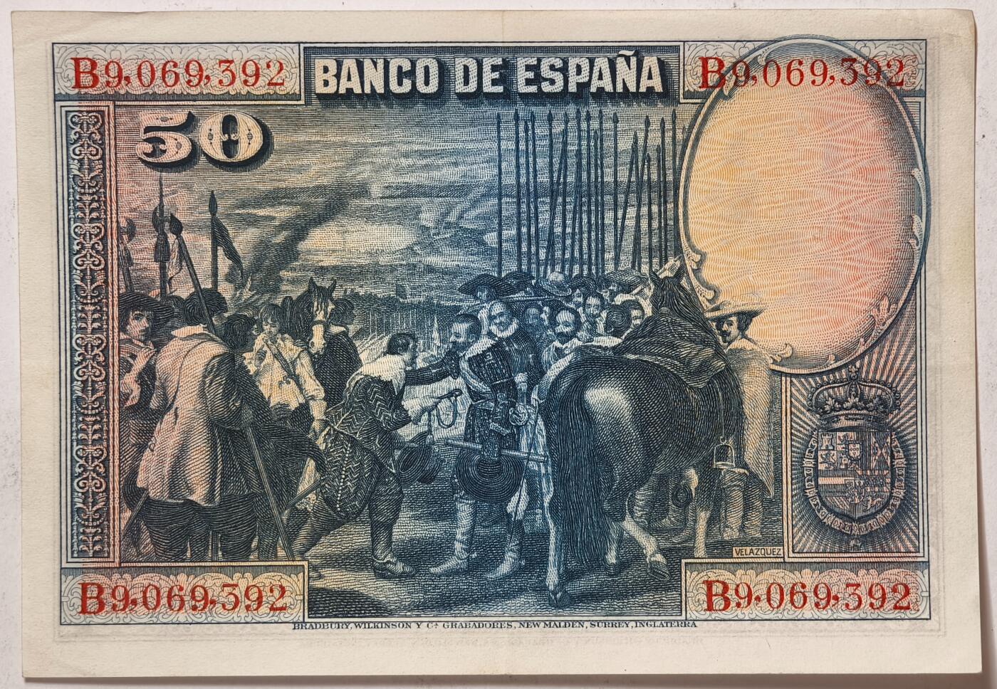 紫瑗钱币——第387期拍卖——纸币场 西班牙 1928年 油画《布雷达的献城》50比塞塔 UNC- 有折  (P-75b)