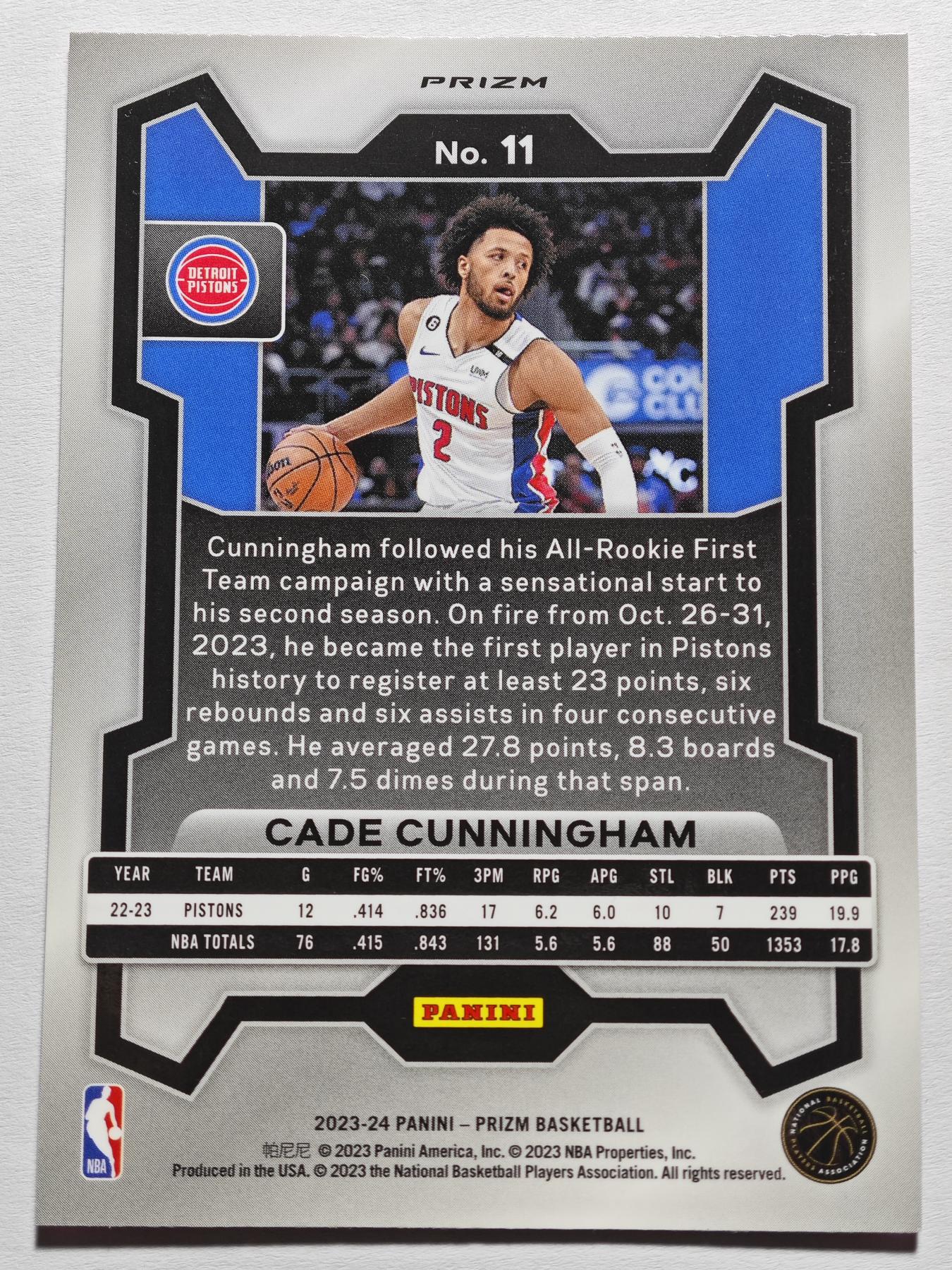 【德藏】 卡牌拍卖第13期【无每件最低收费❗️】 NBA 2023-24 PANINI PRIZM 活塞 凯德·坎宁安 粉碎冰折 (本卡包装为全新：卡膜、卡夹、卡夹膜)