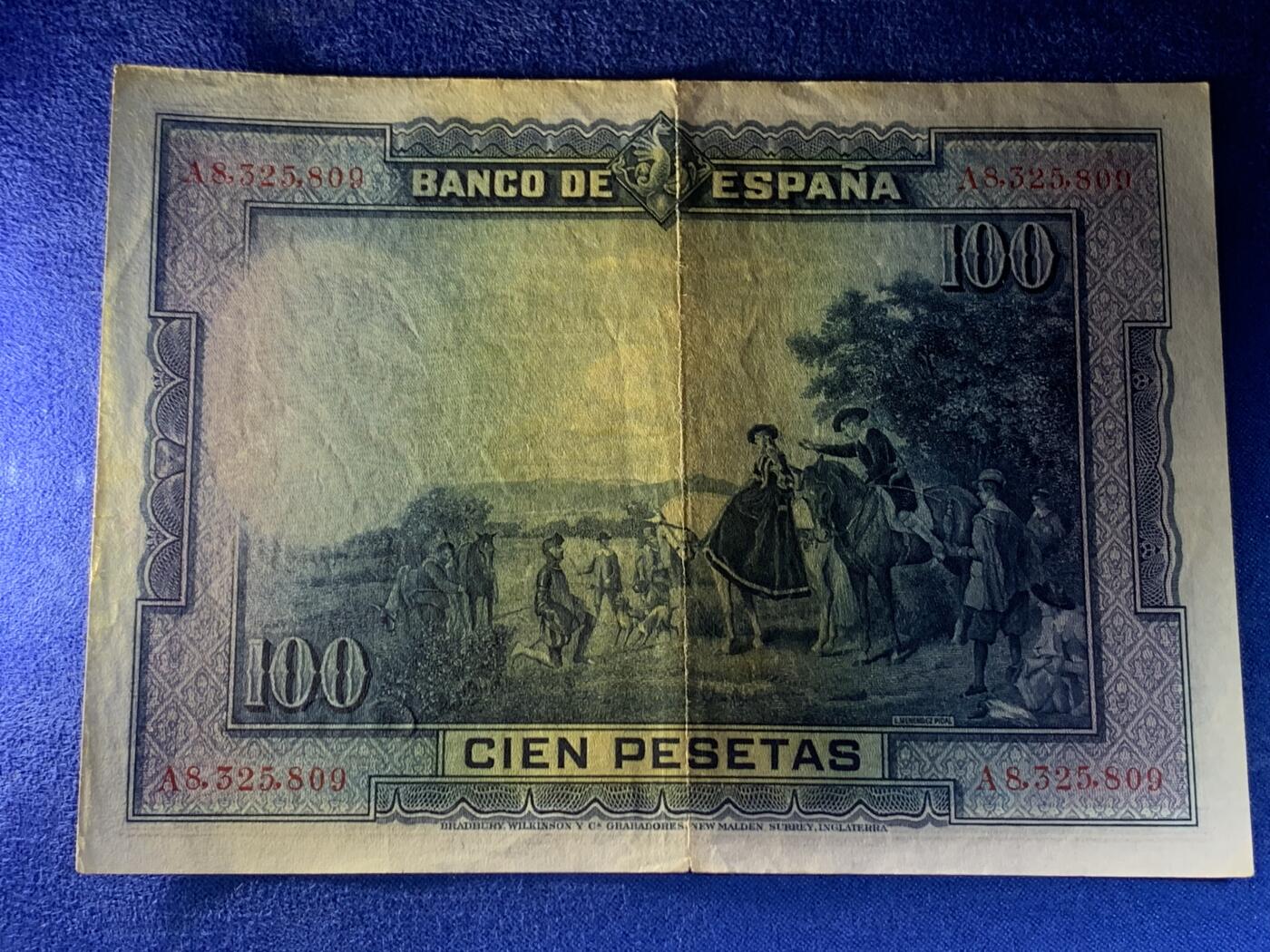 《竞宝斋》第274场- 周日，周一，周二  3场连拍 （全场包邮） 西班牙 1928 100比塞塔 纸币 细节见图