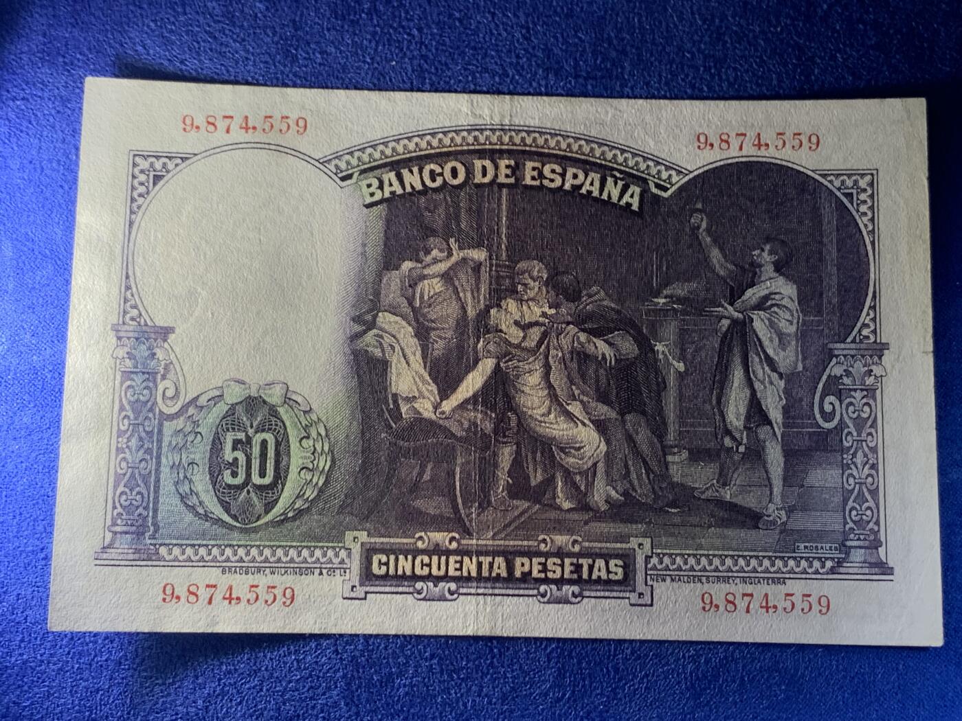 《竞宝斋》第274场- 周日，周一，周二  3场连拍 （全场包邮） 西班牙 1931 50比塞塔 纸币 细节见图