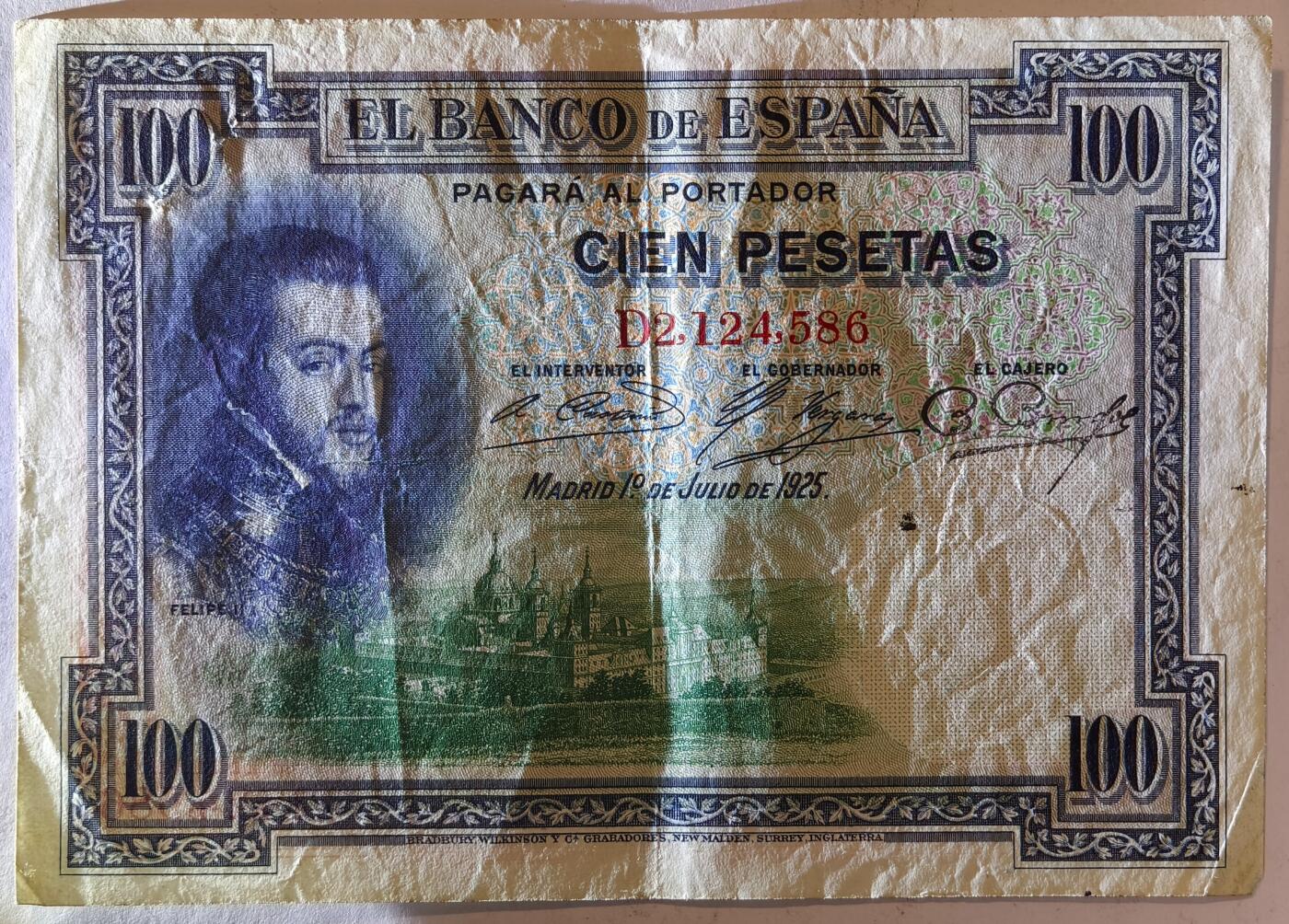 紫瑗钱币——第387期拍卖——纸币场 西班牙 1925年 油画《腓力二世的座椅》 100比塞塔 AU  (P-69c)
