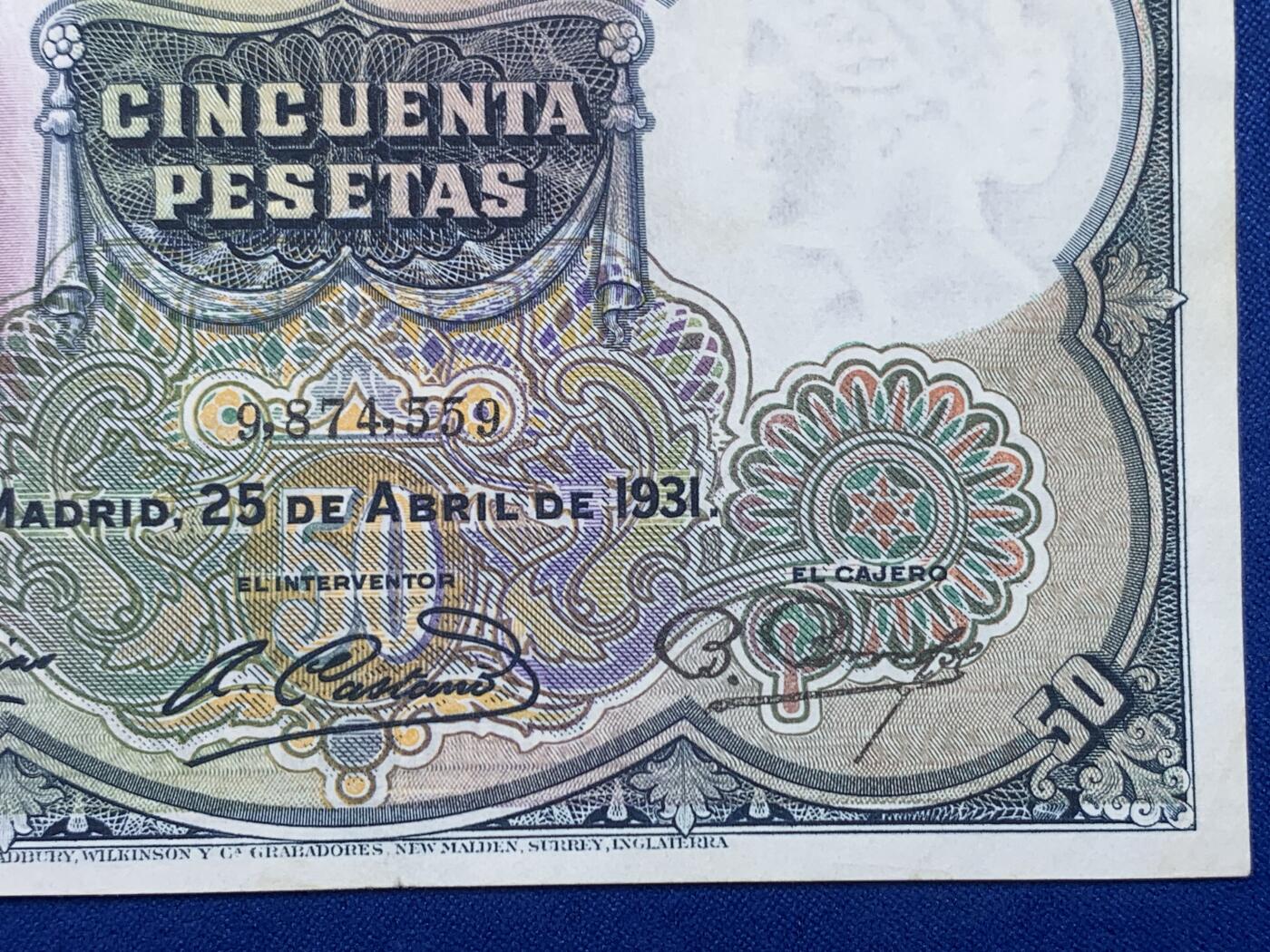 《竞宝斋》第274场- 周日，周一，周二  3场连拍 （全场包邮） 西班牙 1931 50比塞塔 纸币 细节见图