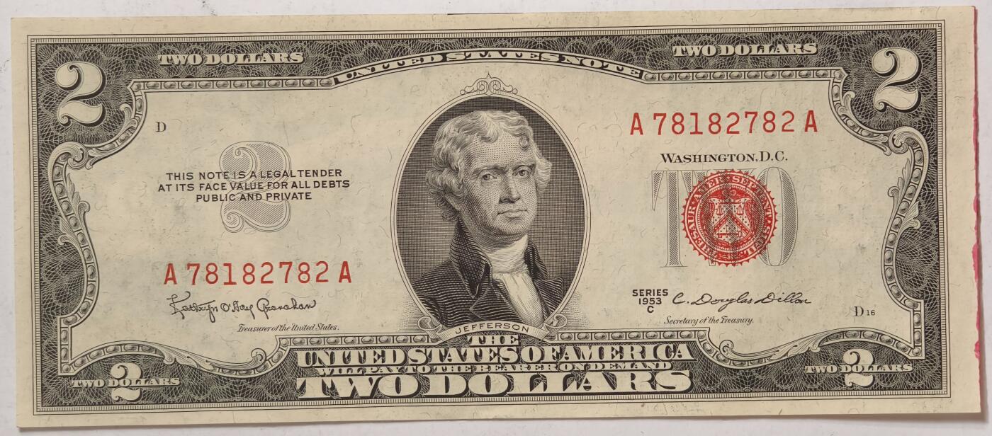 紫瑗钱币——第359期拍卖——纸币场  美国 1953年 C序列 托马斯·杰斐逊 2美元 红印 政府券 AU