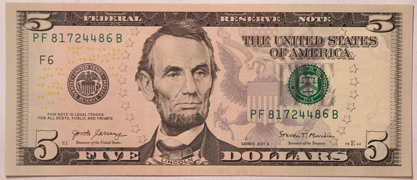 紫瑗钱币——第359期拍卖——纸币场 美国 2017年 F版 A序列 亚伯拉罕·林肯 5美元 彩色版 UNC