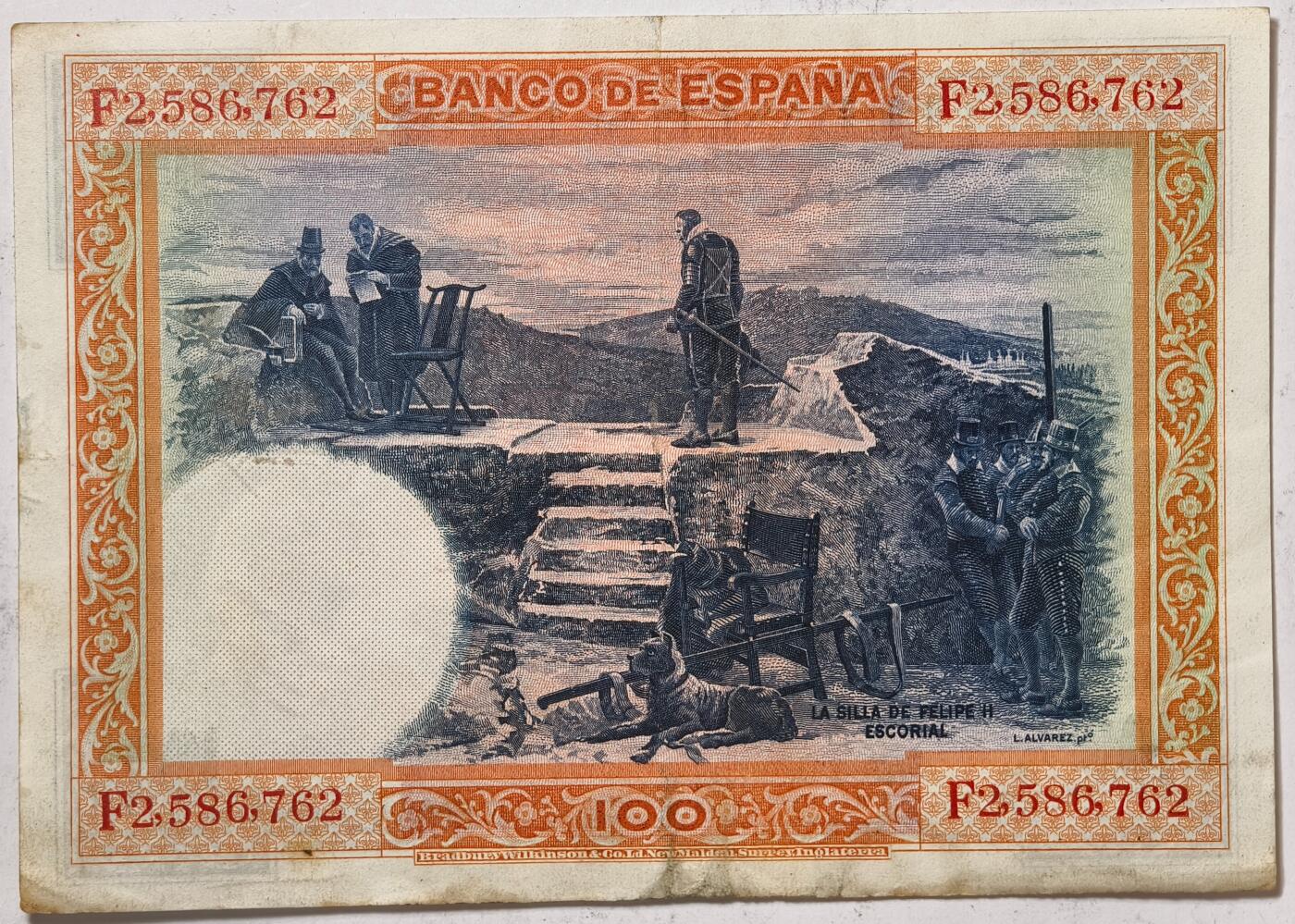 紫瑗钱币——第359期拍卖——纸币场 西班牙 1925年 油画《腓力二世的座椅》 100比塞塔 AU