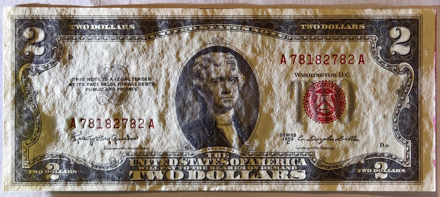 紫瑗钱币——第359期拍卖——纸币场  美国 1953年 C序列 托马斯·杰斐逊 2美元 红印 政府券 AU