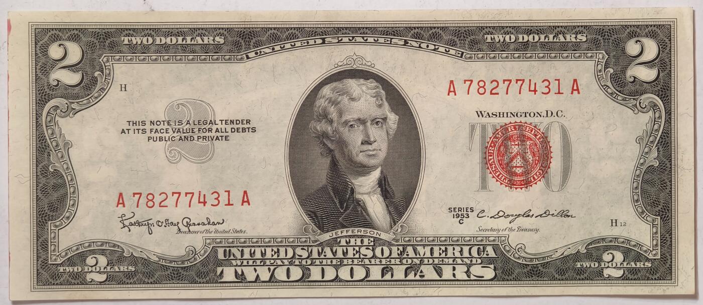 紫瑗钱币——第359期拍卖——纸币场  美国 1953年 C序列 托马斯·杰斐逊 2美元 红印 政府券 AU