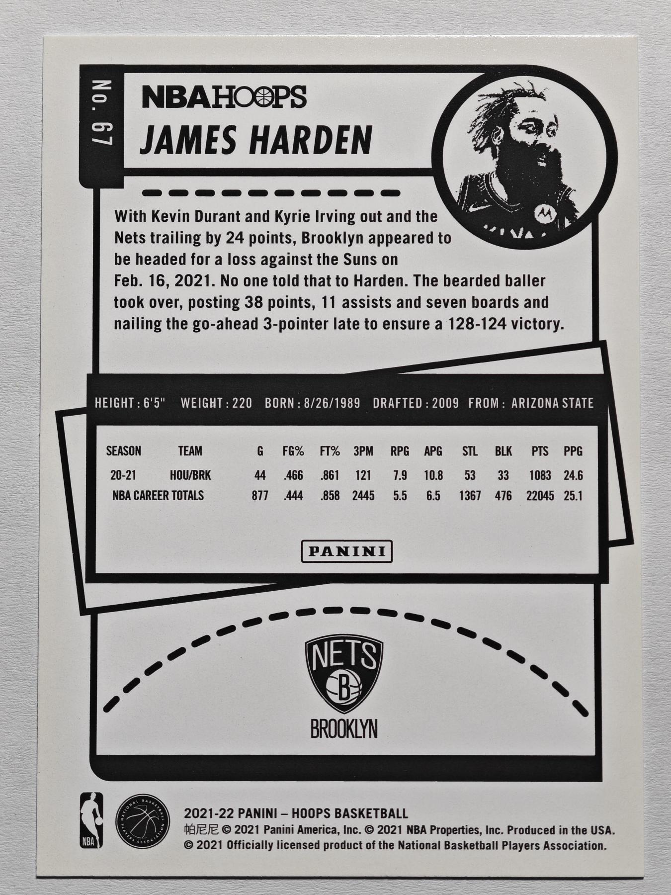 【德藏】 卡牌拍卖第13期【无每件最低收费❗️】 NBA 2021-22年 PANINI HOPPS 篮网 詹姆斯·哈登 (本卡包装为全新：卡膜、卡夹、卡夹膜)