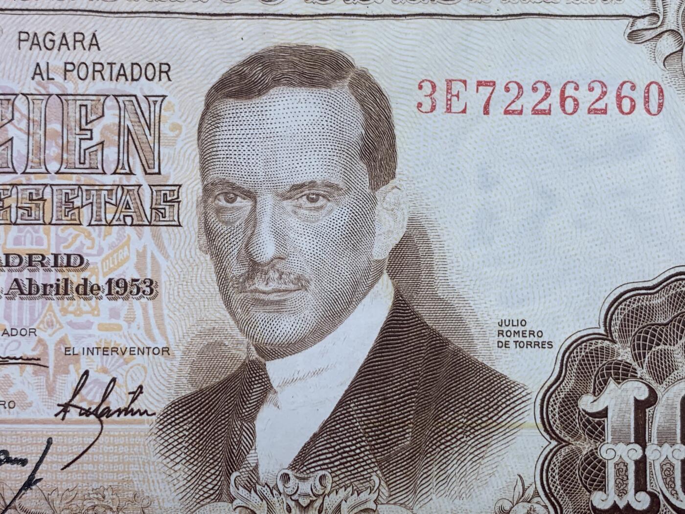 《竞宝斋》第274场- 周日，周一，周二  3场连拍 （全场包邮） 西班牙 1953年 油画《模特》 100比塞塔 纸币 