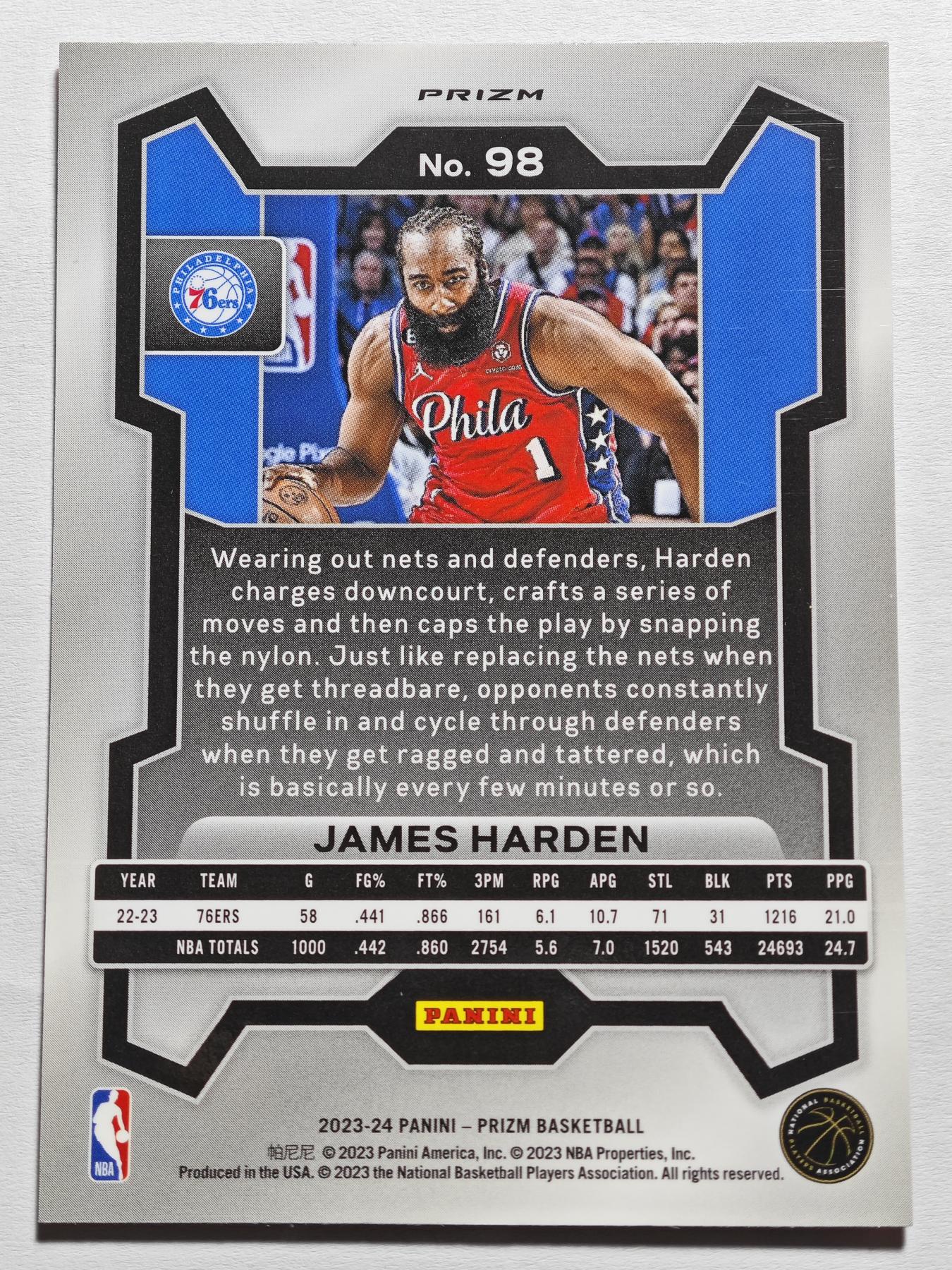 【德藏】 卡牌拍卖第13期【无每件最低收费❗️】 NBA 2023-24 PANINI PRIZM 76人 詹姆斯·哈登 红波纹折 (本卡包装为全新：卡膜、卡夹、卡夹膜)