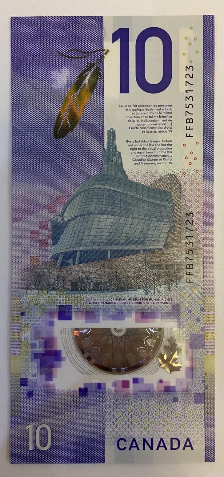 【炜奕收藏】裸钞专场第5期 【FFB7531723】加拿大10元塑料钞，获奖钞，UNC品相