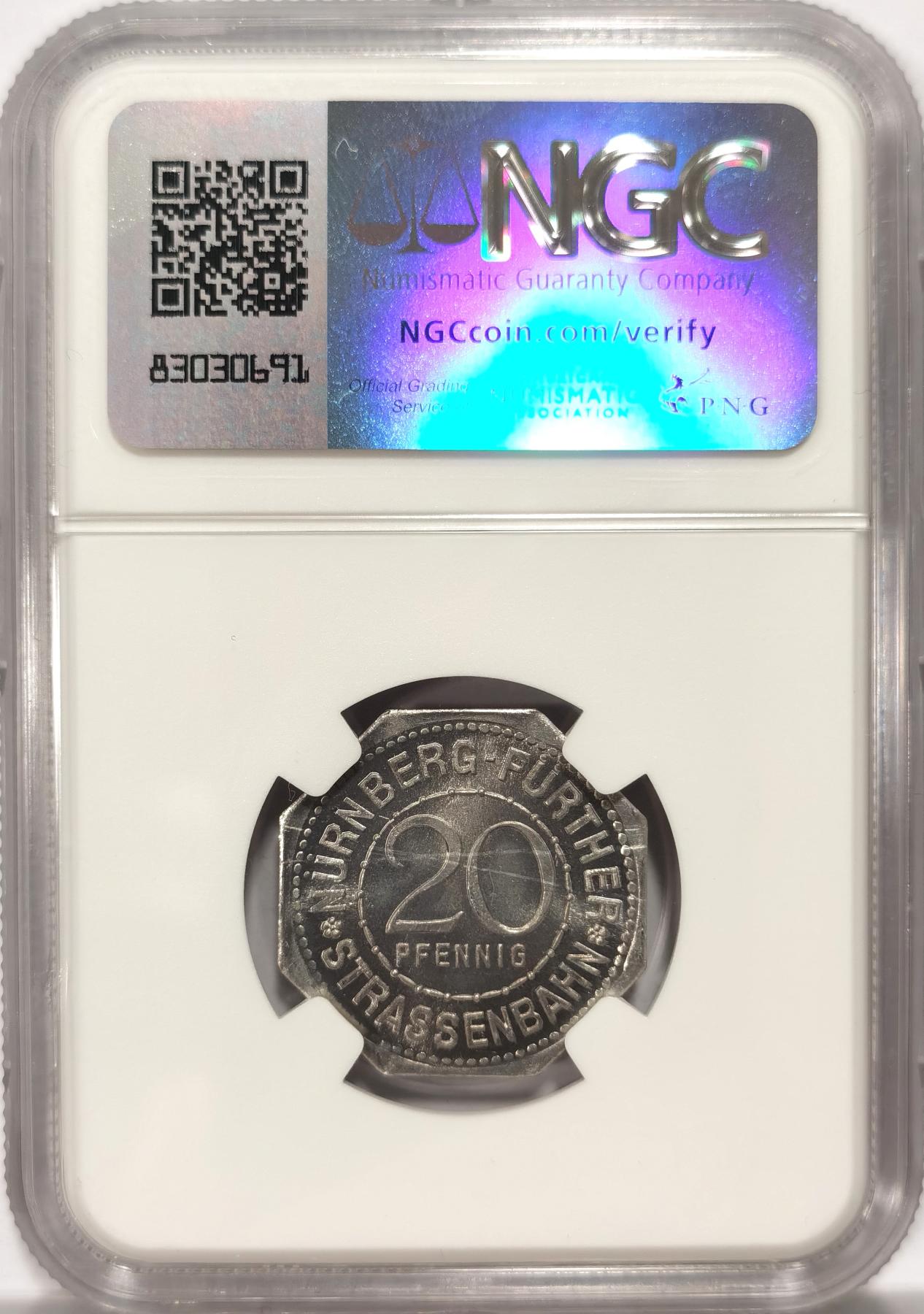 博洋堂世界钱币拍卖第087期（全场包邮） NGC MS66 德国德紧纽伦堡电车代用币20芬尼八角铝币1