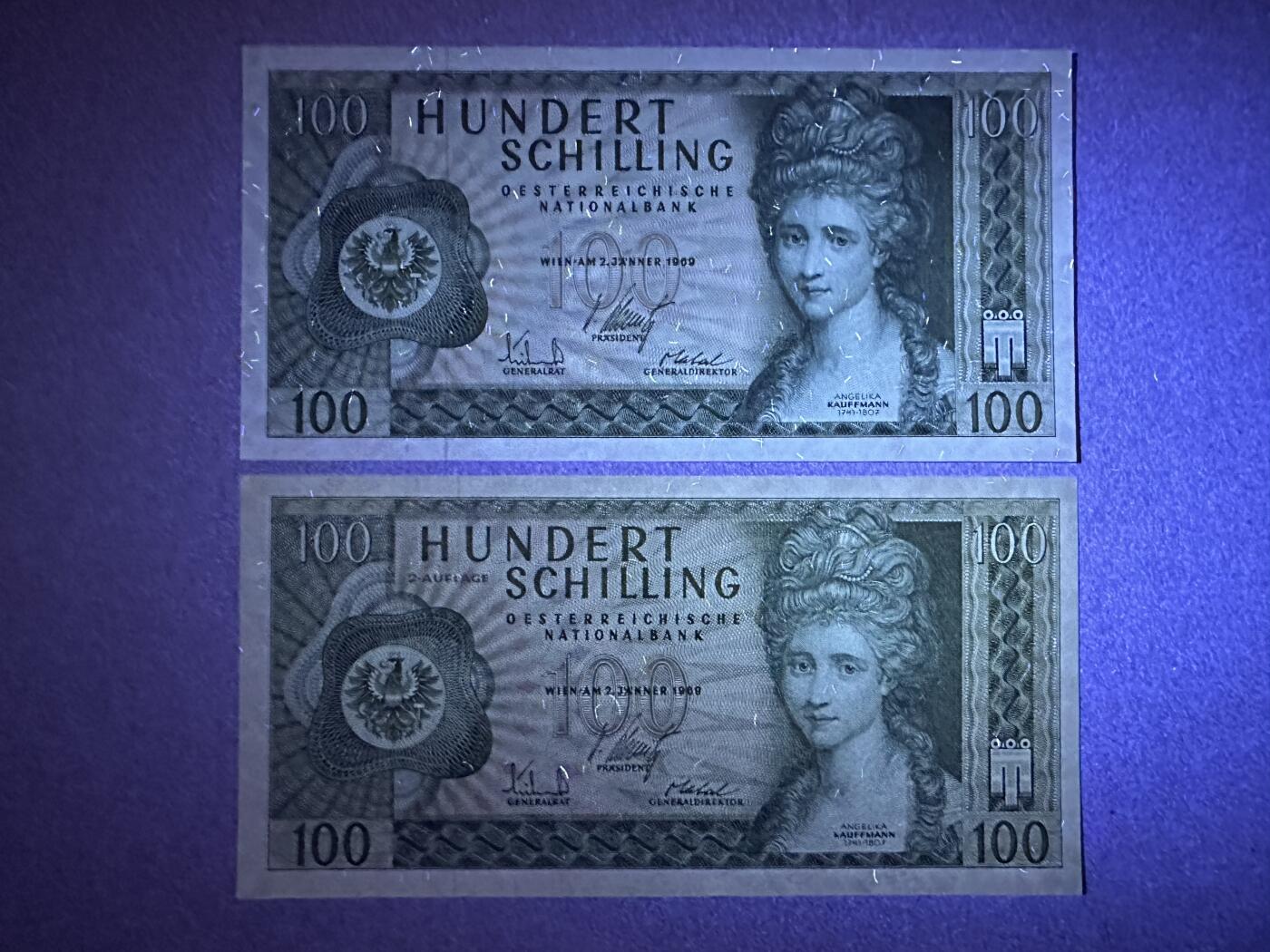 《张总收藏》152期-海外套币超精品场 奥地利100先令2张 UNC 1969年 瑞士女画家考夫曼 初版再版各1张