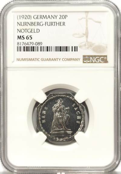 博洋堂世界钱币拍卖第130期（全场包邮） - NGC MS65 德国德紧纽伦堡电车代用币20芬尼八角铝币1