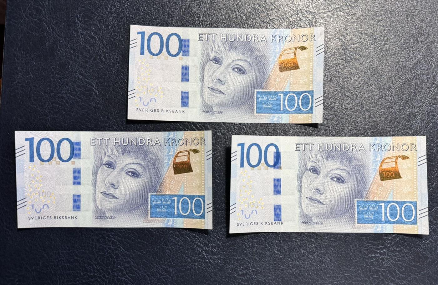 收藏联盟Quantum Auction 第350期拍卖  瑞典2016年100克朗三张 品相UNC 女星葛泰丽.嘉宝
