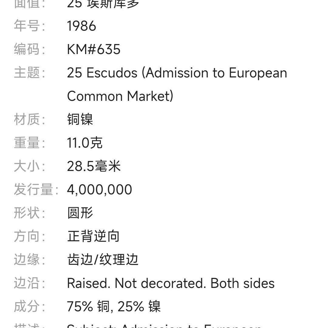 20240530 葡萄牙 1986年 加入欧洲共同市场 25埃斯库多 纪念币70702