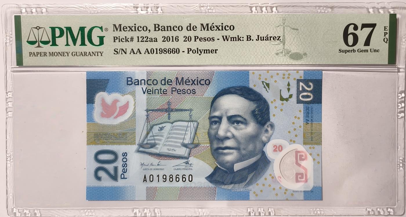 紫瑗钱币——第373期拍卖——纸币场 【首发 A冠 PMG 67EPQ 倒置号】 墨西哥 2016年 墨西哥银行 20比索 （p-122aa）