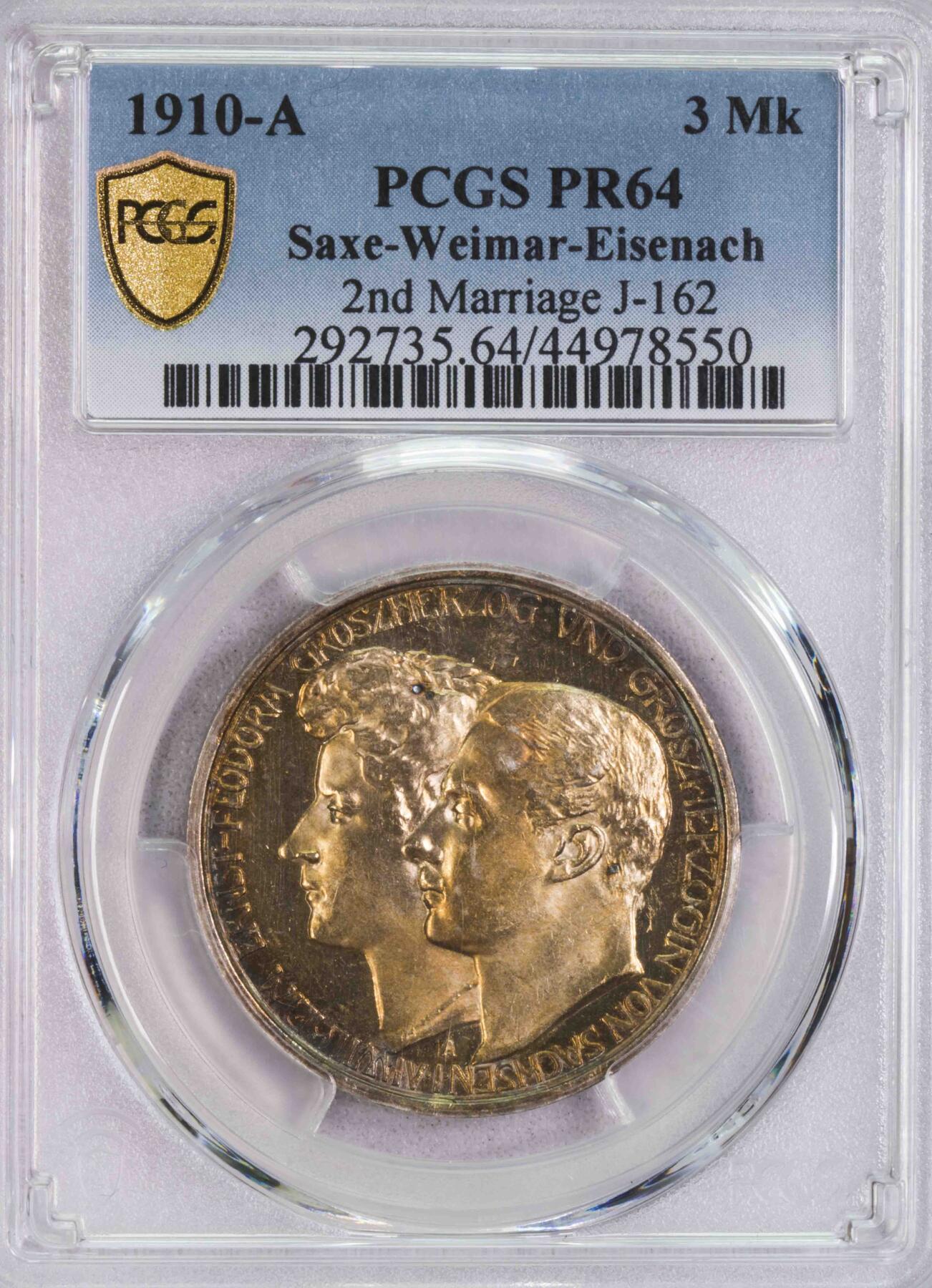 PCGS-PR64 1910萨克森魏玛3马克双头银币PF 五彩镜面