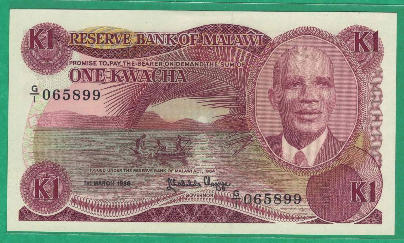 马拉维1986年1克瓦查 P-19a 无47 99双尾 非洲纸币 实物图 UNC