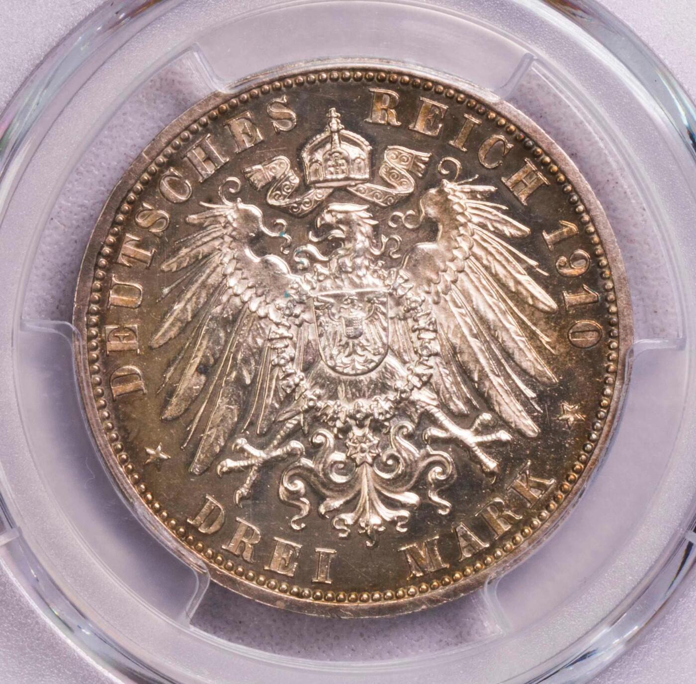 PCGS-PR64 1910萨克森魏玛3马克双头银币PF 五彩镜面