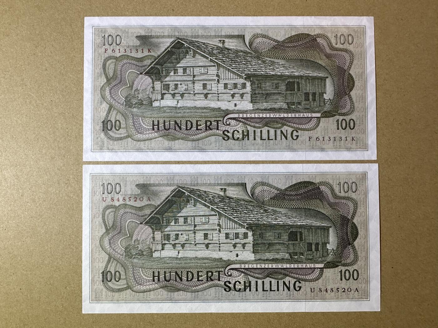 《张总收藏》152期-海外套币超精品场 奥地利100先令2张 UNC 1969年 瑞士女画家考夫曼 初版再版各1张