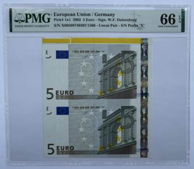 “麦稀奇世界钱币展” 2024第23场（总第175期）：外钞、纪念券、连体钞综合场 - 二连体带边 欧盟2002年版5欧元“德国X”（PMG66亚军分）