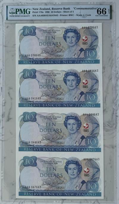 “麦稀奇世界钱币展” 2024第23场（总第175期）：外钞、纪念券、连体钞综合场 - 四连体AAA冠 新西兰“怀唐伊条约签署150周年”10元纪念钞册装（PMG66季军分）