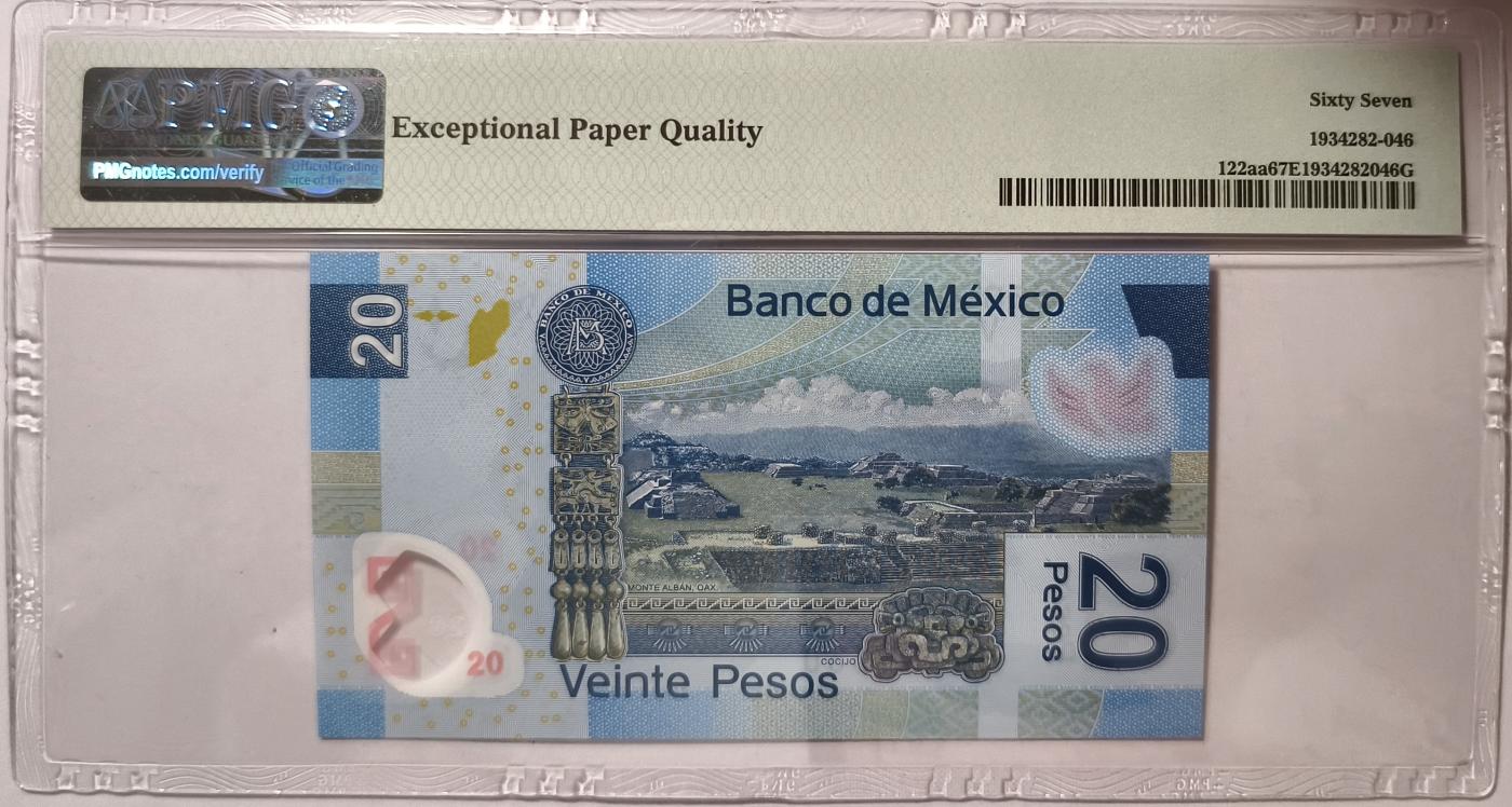 紫瑗钱币——第373期拍卖——纸币场 【首发 A冠 PMG 67EPQ 倒置号】 墨西哥 2016年 墨西哥银行 20比索 （p-122aa）
