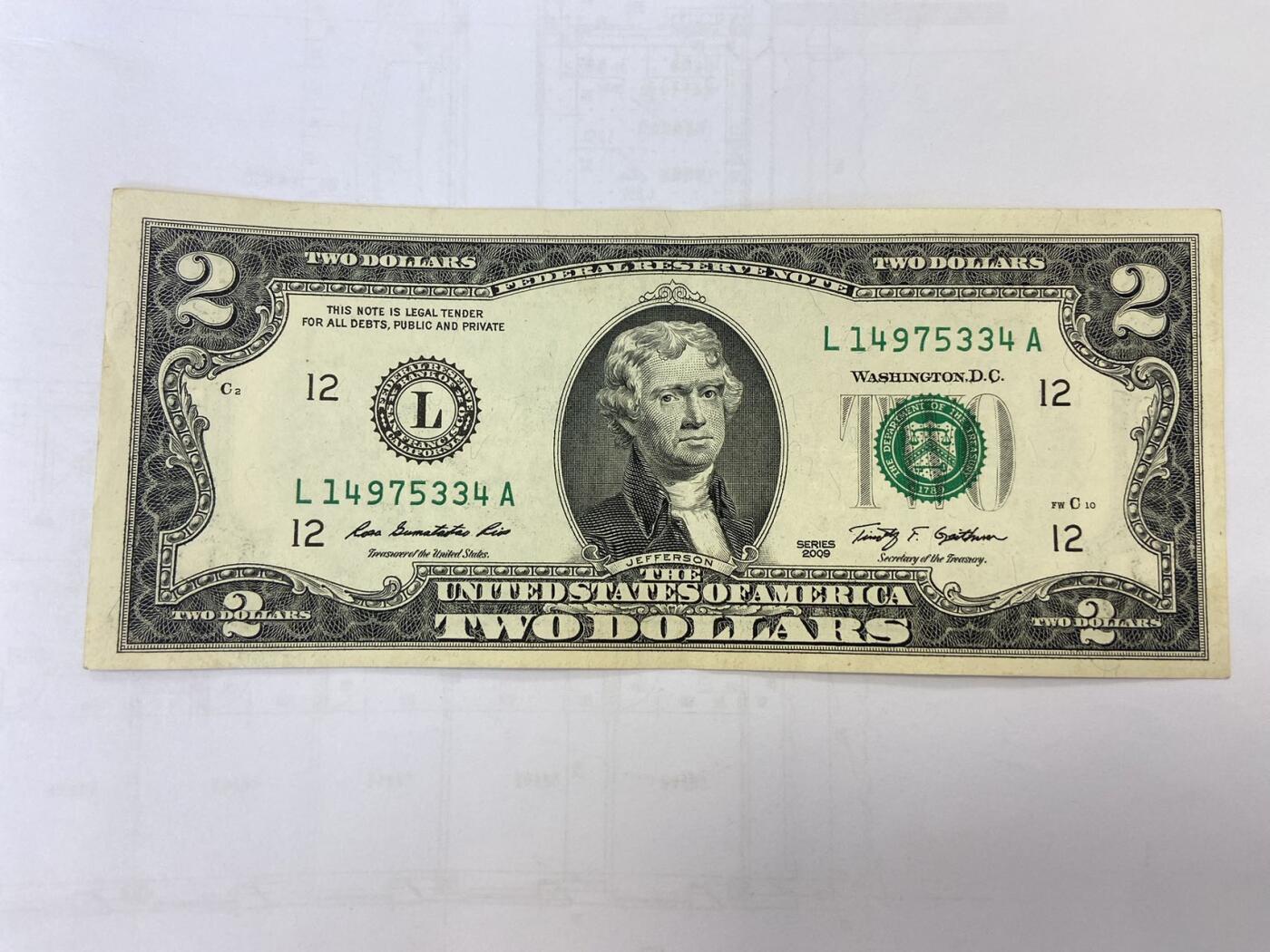 【炜奕收藏】裸钞专场第5期 【L14975334A】美国2美元，XF品相
