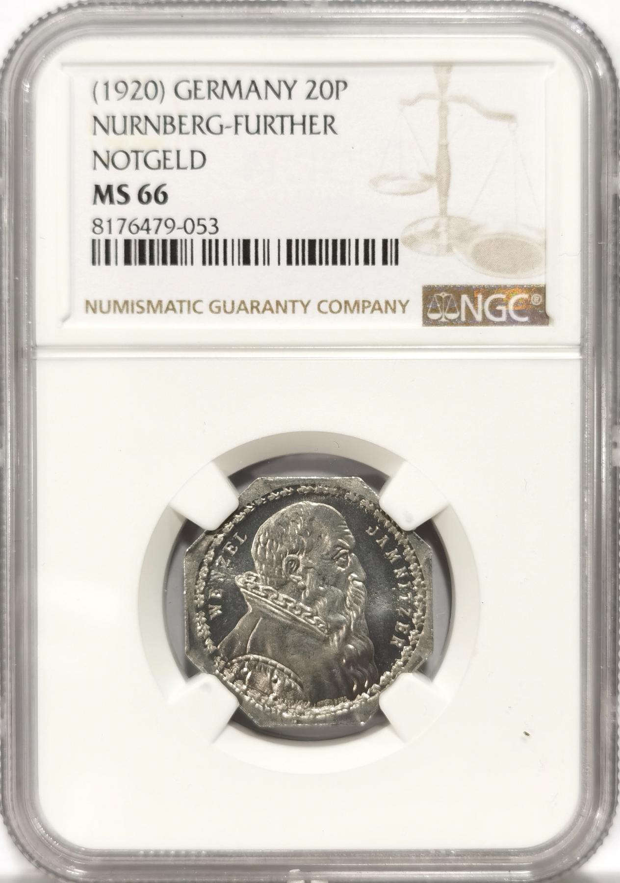 博洋堂世界钱币拍卖第087期（全场包邮） NGC MS66 德国德紧纽伦堡电车代用币20芬尼八角铝币1